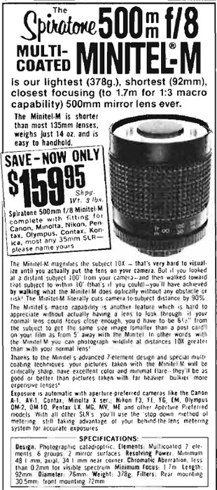 Spiratone 500mm Catadioptric Minitel Lens